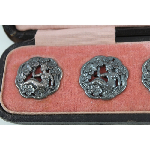 361 - 6 x Antique ART NOUVEAU 1901 Birmingham Sterling Silver Buttons Cased 28g