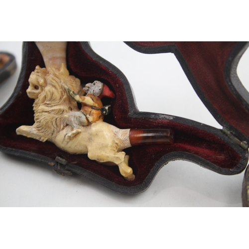 402 - Cased Antique Meerschaum Estate Pipes Inc. Monkey Riding A Lion To Restore x 3