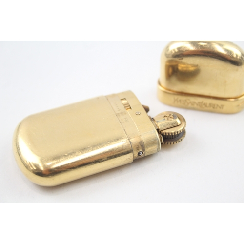 404 - Yves Saint Laurent Gold Plated Pocket Lighter w/ Blue Cabochon Stone Vintage