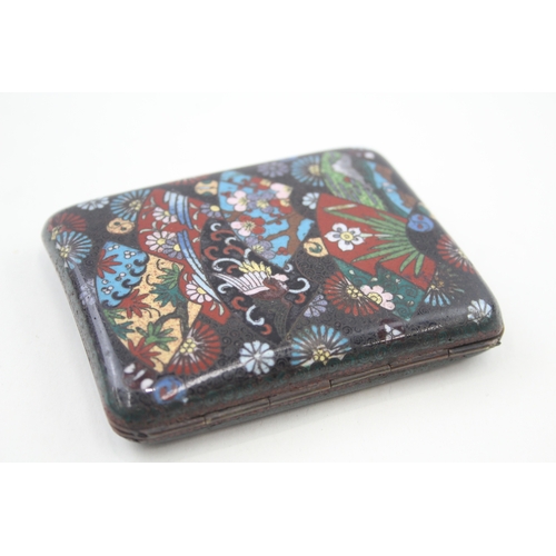 406 - A Meiji Japanese Cloisonne Enamel Cigarette Case Decorated w/ Fans & Mount Fuji