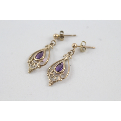 65 - 9ct gold vintage amethyst drop earrings with posts (1.5g)