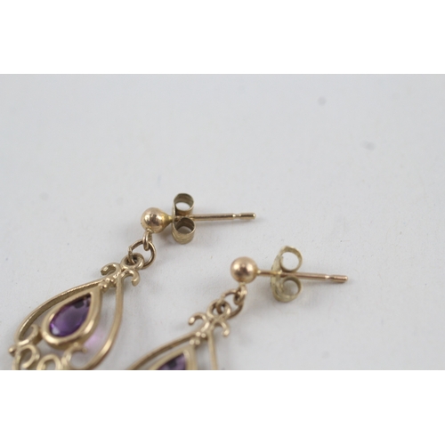 65 - 9ct gold vintage amethyst drop earrings with posts (1.5g)