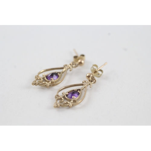 65 - 9ct gold vintage amethyst drop earrings with posts (1.5g)