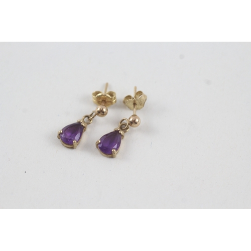 66 - 9ct gold pear cut amethyst drop earrings with posts (1.2g)