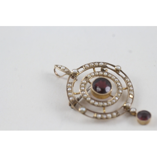 72 - 9ct gold antique garnet and seed pearl brooch with bail (3.3g)