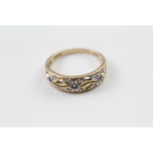 89 - 9ct gold sapphire and diamond floral design dress ring (2.4g) Size  P