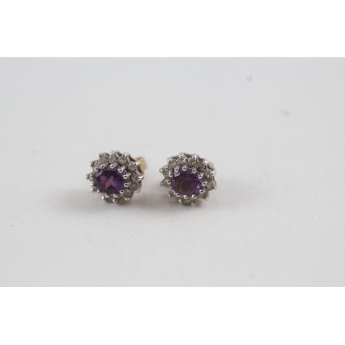 9 - 9ct gold vintage amethyst and diamond halo stud earrings (1.6g)