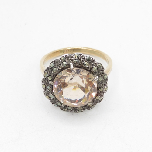 3 - 9ct gold & silver orange paste & marcasite dress ring (5.2g) Size  O