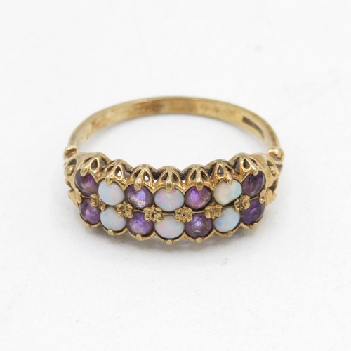 110 - 9ct gold vintage amethyst & opal dress ring (2.2g) Size  O 1/2