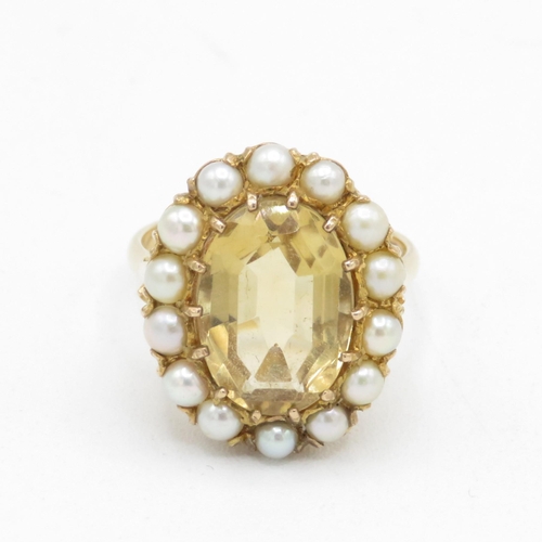 111 - 9ct gold citrine & seed pearl dress ring (5.9g) Size  P