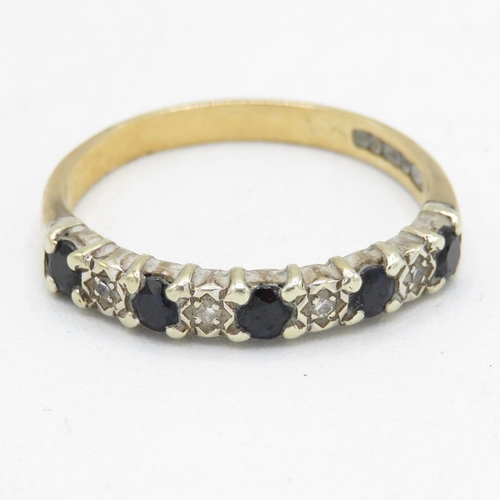 128 - 9ct gold vintage sapphire and diamond half eternity dress ring (3.2g) Size  U