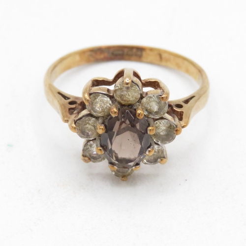 152 - 9ct gold vintage smokey quartz and clear gemstone halo dress ring (2.2g) Size  J 1/2