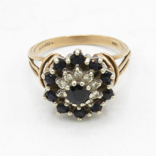 213 - 9ct gold diamond & sapphire cluster ring (4.6g) Size  Q