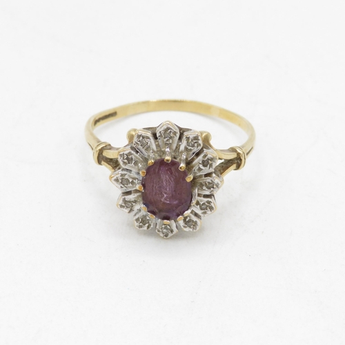 45 - 9ct gold amethyst single stone ring with diamond frame (3.6g) AS SEEN - MISHAPEN Size  T