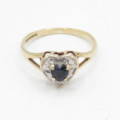 88 - 9ct gold vintage sapphire and diamond halo heart dress ring (1.6g) Size  M