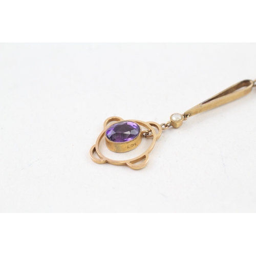 24 - 9ct gold amethyst and seed pearl livelier pendant with 9ct gold chain (3.3g)