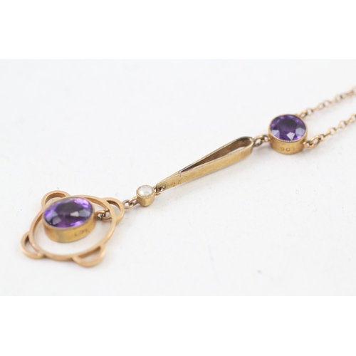 24 - 9ct gold amethyst and seed pearl livelier pendant with 9ct gold chain (3.3g)