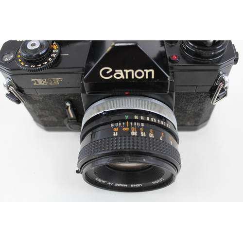 363 - Canon EF, SLR Vintage Film Camera Working All Black w/ Canon FD 50mm F/1.8 Lens