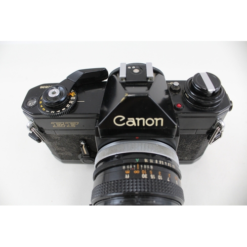 363 - Canon EF, SLR Vintage Film Camera Working All Black w/ Canon FD 50mm F/1.8 Lens