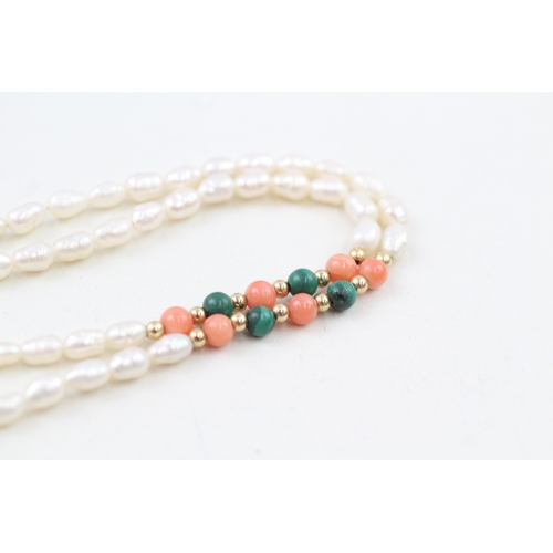 56 - 14ct gold clasped rice pearl, malachite and coral necklace with 14ct gold beads (8g)