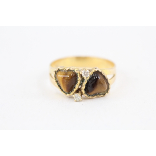 75 - 14ct gold heart cut tigers eye and diamond dress ring (3.3g) Size  R