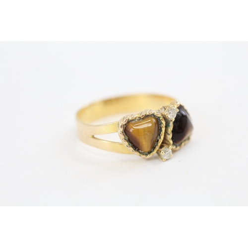 75 - 14ct gold heart cut tigers eye and diamond dress ring (3.3g) Size  R