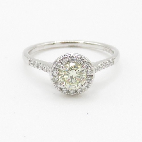 1 - Platinum Diamond Halo Ring - Set with a yellow natural earth mined diamond (0.50ct) with a hallmarke... 