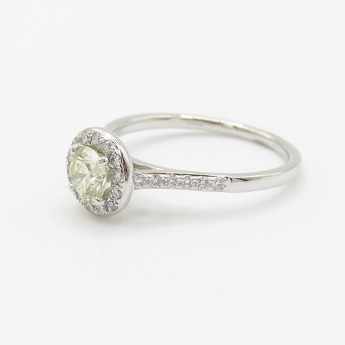 1 - Platinum Diamond Halo Ring - Set with a yellow natural earth mined diamond (0.50ct) with a hallmarke... 