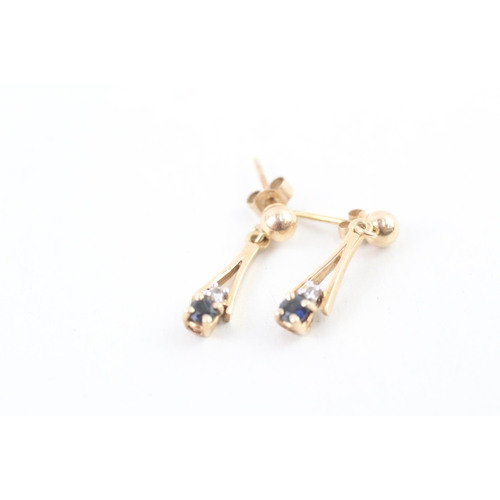 100 - 9ct gold sapphire & diamond drop earrings with scroll backs (1.4g)