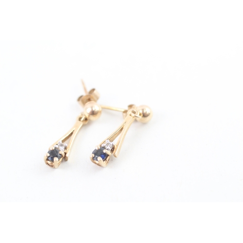 100 - 9ct gold sapphire & diamond drop earrings with scroll backs (1.4g)