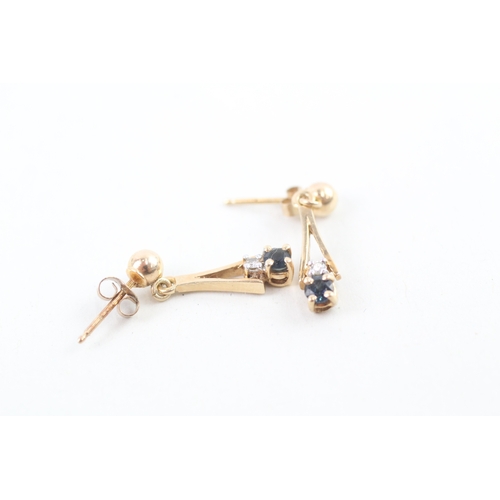 100 - 9ct gold sapphire & diamond drop earrings with scroll backs (1.4g)