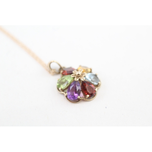 104 - 9ct gold multi-gemstone cluster pendant necklace, set with: amethyst, peridot, citrine, garnet & blu... 