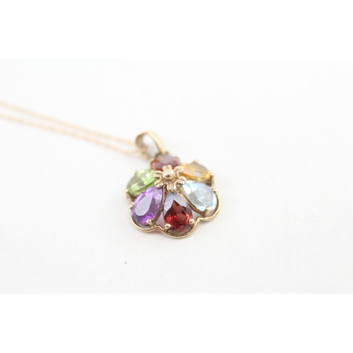 104 - 9ct gold multi-gemstone cluster pendant necklace, set with: amethyst, peridot, citrine, garnet & blu... 