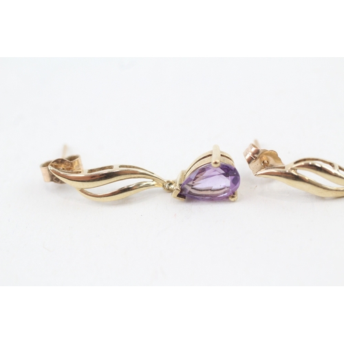 106 - 9ct gold pear cut amethyst drop earrings with scroll backs (2.5g)