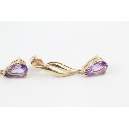 106 - 9ct gold pear cut amethyst drop earrings with scroll backs (2.5g)