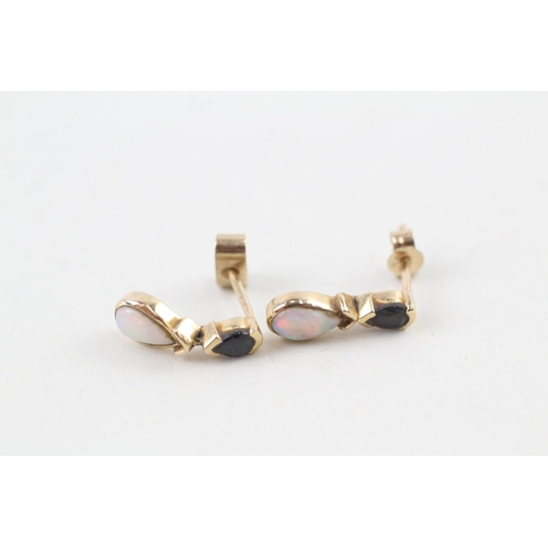 113 - 9ct gold opal & sapphire drop earrings with scroll backs (1.3g)