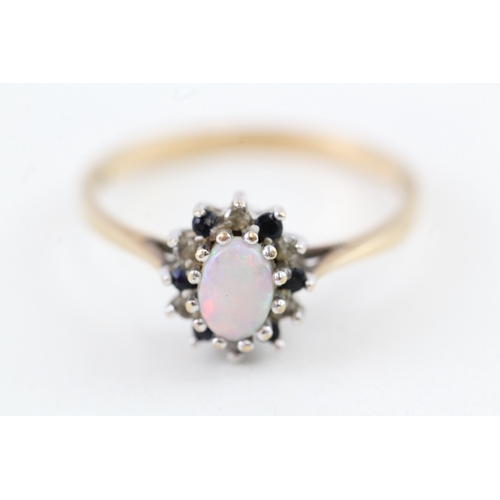 122 - 9ct gold opal, sapphire & diamond cluster ring (1.8g) Size  P