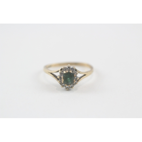 140 - 9ct gold vintage emerald & diamond cluster ring (1.9g) Size  N