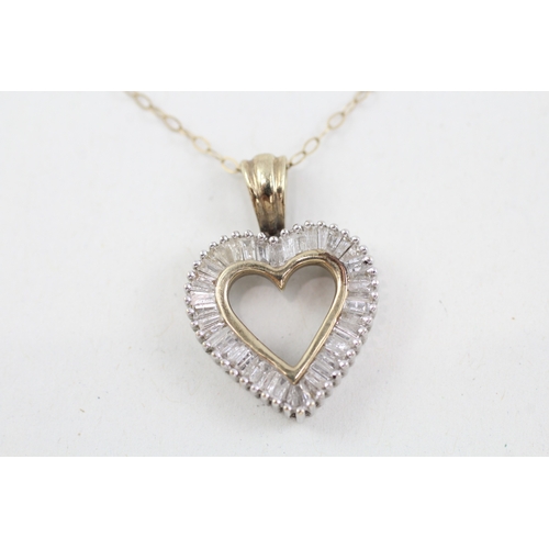 148 - 9ct gold baguette cut diamond heart shape pendant necklace (2.6g)