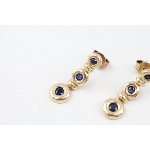 158 - 9ct gold sapphire drop earrings with scroll backs (1.3g)