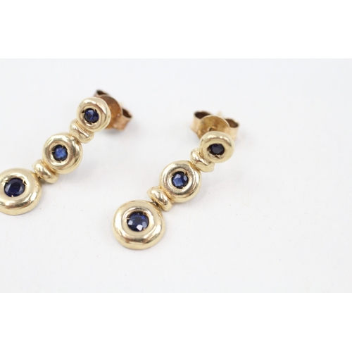 158 - 9ct gold sapphire drop earrings with scroll backs (1.3g)