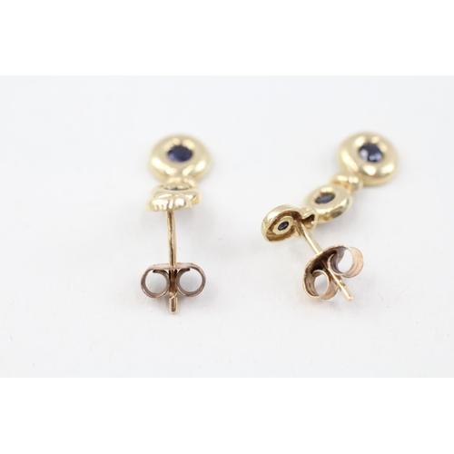 158 - 9ct gold sapphire drop earrings with scroll backs (1.3g)