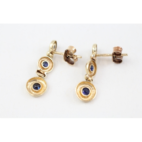 158 - 9ct gold sapphire drop earrings with scroll backs (1.3g)