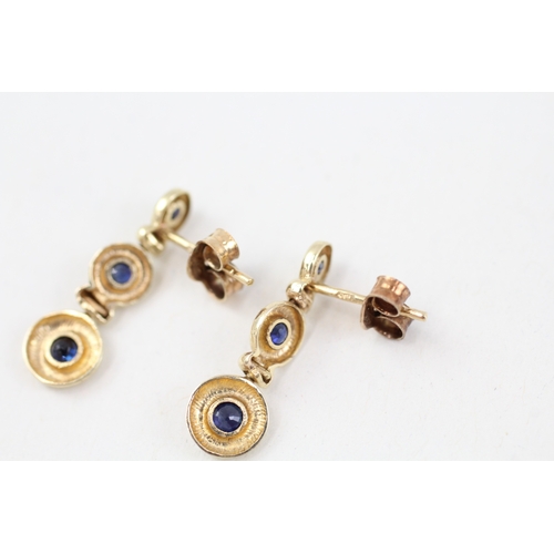 158 - 9ct gold sapphire drop earrings with scroll backs (1.3g)