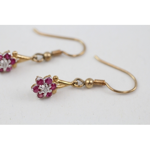 164 - 9ct gold ruby & diamond earrings & necklace matching set (3.7g)