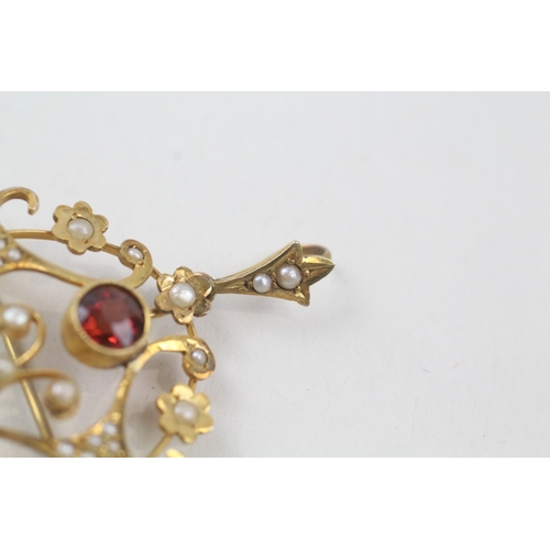 17 - 9ct gold edwardian garnet and seed pearl brooch (4g)