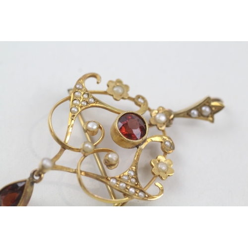 17 - 9ct gold edwardian garnet and seed pearl brooch (4g)