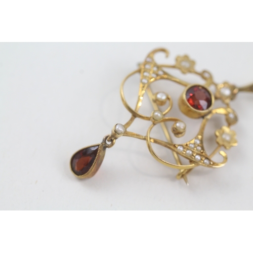 17 - 9ct gold edwardian garnet and seed pearl brooch (4g)