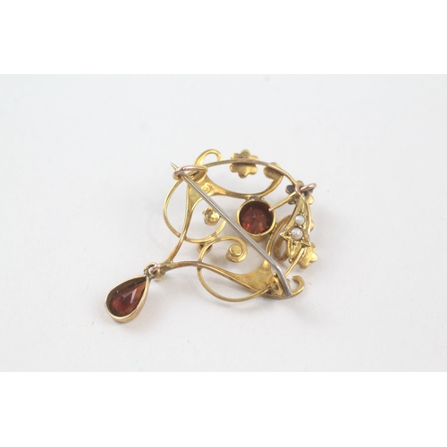 17 - 9ct gold edwardian garnet and seed pearl brooch (4g)