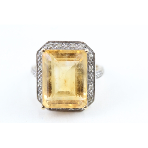 185 - 9ct gold emerald cut citrine & diamond dress ring (5.6g) Size  O